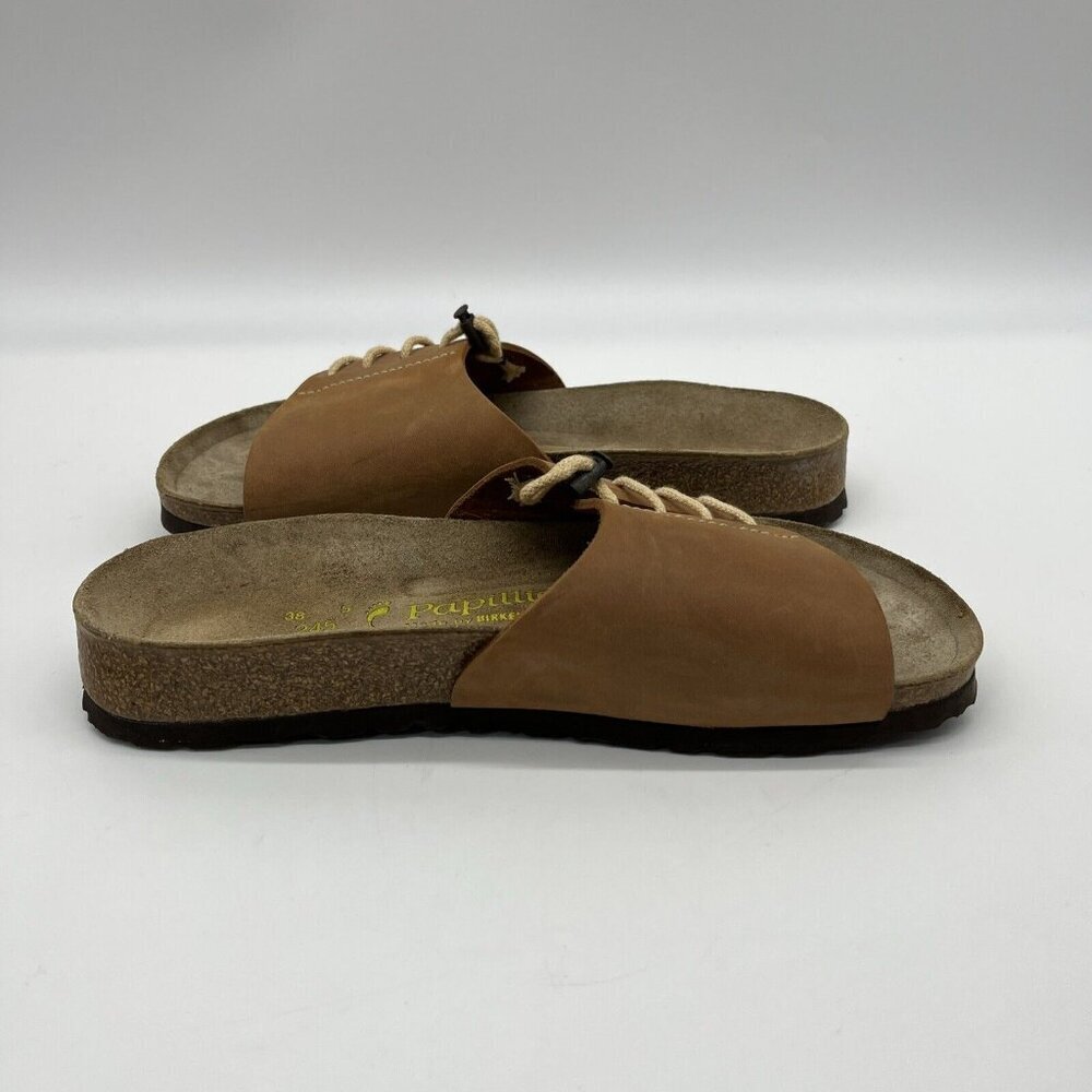 Vtg Birkenstock Papillio Leather Laced Wide Band Slides Womens 7 (38) Brown - Picture 3 of 11
